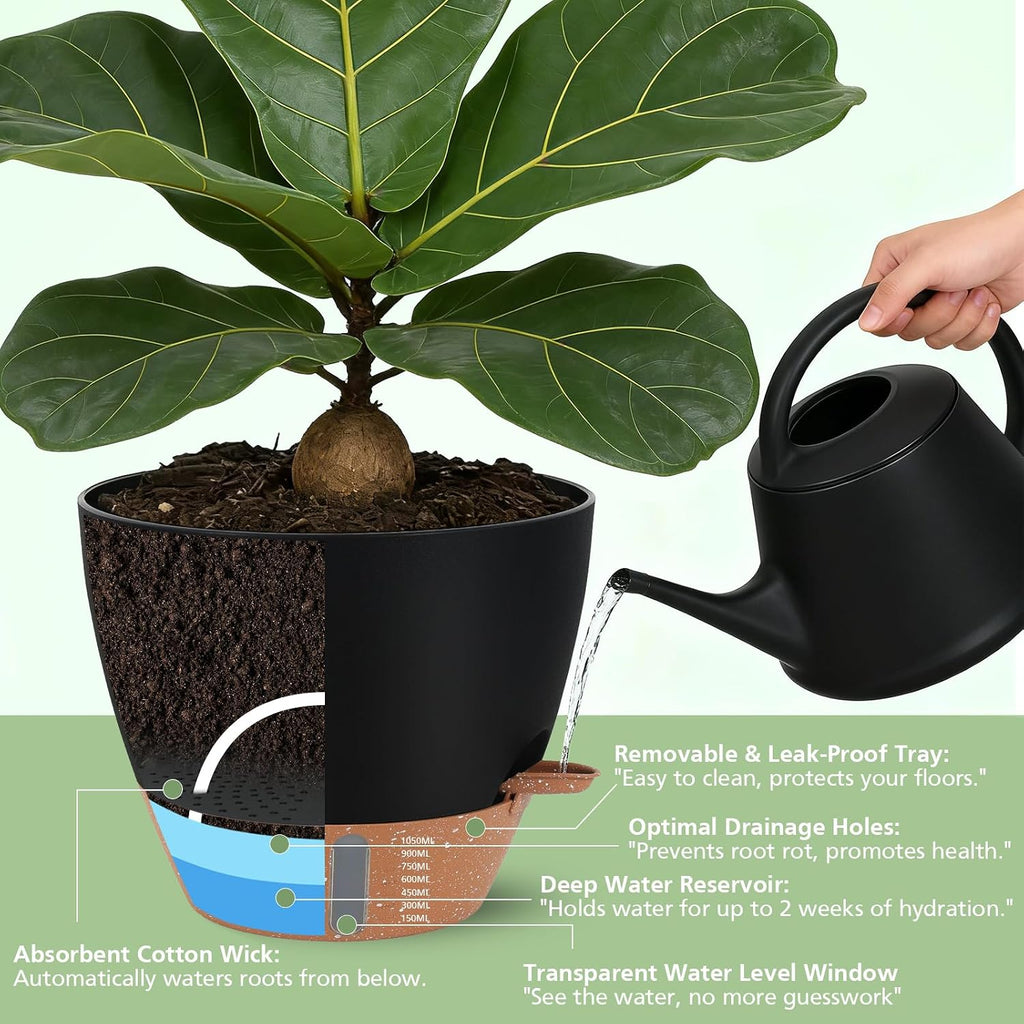Self Watering Pots with Water Level Indicator, 12" 10" 9" 8" Large Plastic Flower Pots with Mesh Drainage Hole and Removable Saucer Reservoir for Indoor Outdoor Plants 4Pcs （Black