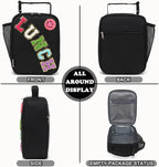 Lunch Box Insulated Soft Bag Mini Cooler Back to School Thermal Meal Tote Kit with Buckle and Mesh Side Pocket for Girls, Boys, Blackwithletter