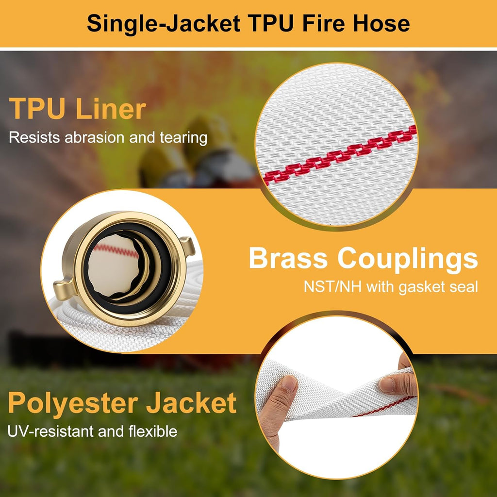 1-1/2" ID Fire Hose, 50Ft Single Jacket TPU Lay Flat Hoses with Brass NST/NH Couplings, 250 PSI Working / 750 PSI Burst, All-Weather Firefighter Hose for Fire Cabinets
