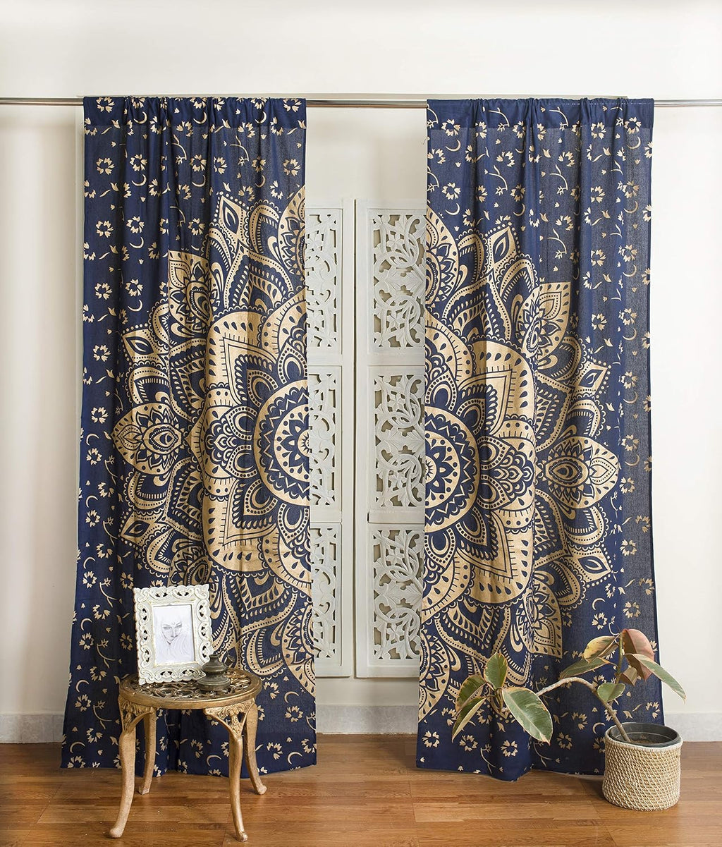 Indian Hippie Bohemian Beautiful Passion Ombre Color Mandala Curtain Panels Blue Gold