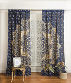Indian Hippie Bohemian Beautiful Passion Ombre Color Mandala Curtain Panels Blue Gold