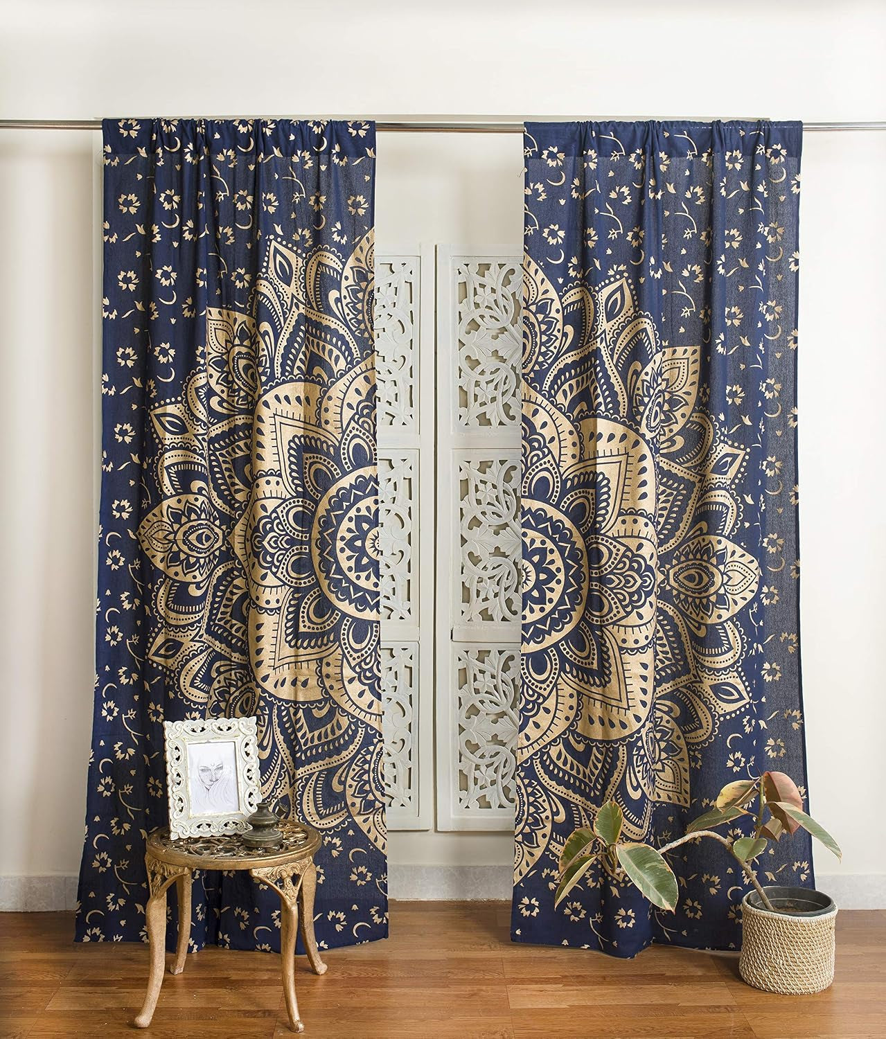 Indian Hippie Bohemian Beautiful Passion Ombre Color Mandala Curtain Panels Blue Gold