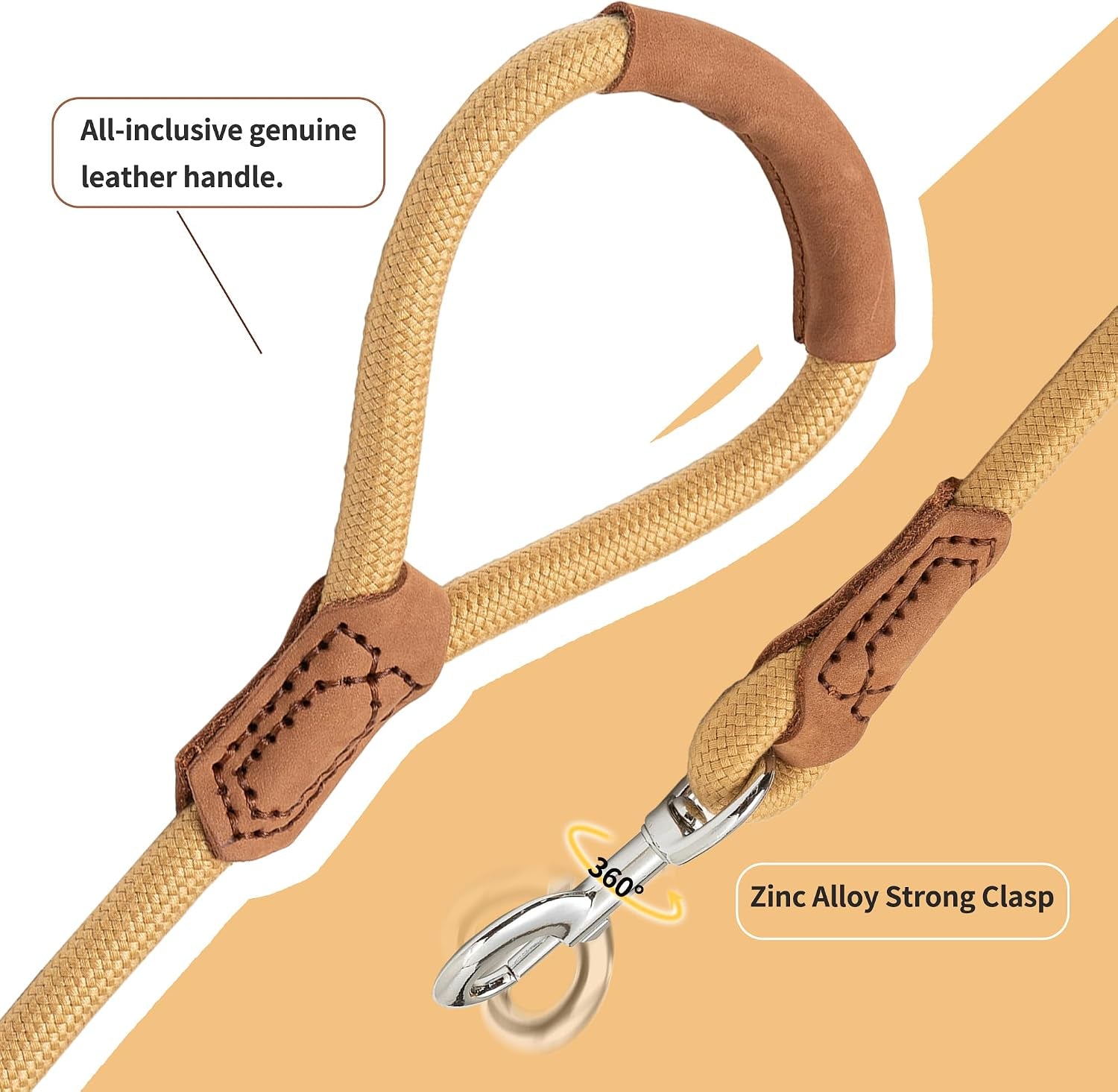 Dog Leash with Genuine Leather Connection/Handle, 4/5/6 FT | Rope Leash, Heavy Duty 360° Swivel Metal Clasp, for Small Medium & Large Dogs