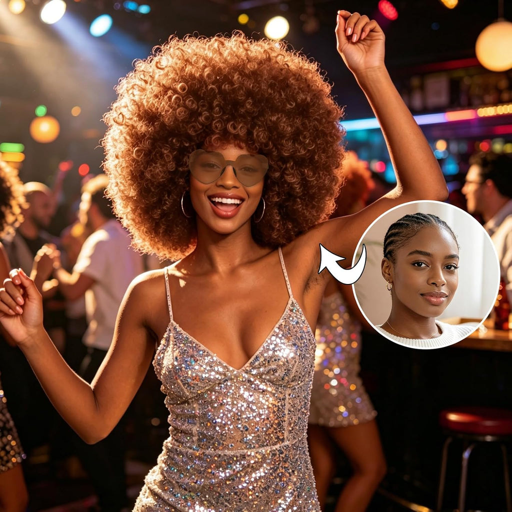 Brown Curly Afro Wig Heart Sunglasses for Women Men, Large Fluffy Funny Disco Afro Wigs Short Party Synthetic Hair with Bangs Hair Net 70S Outfits for Women Bachelorette Party Night Club