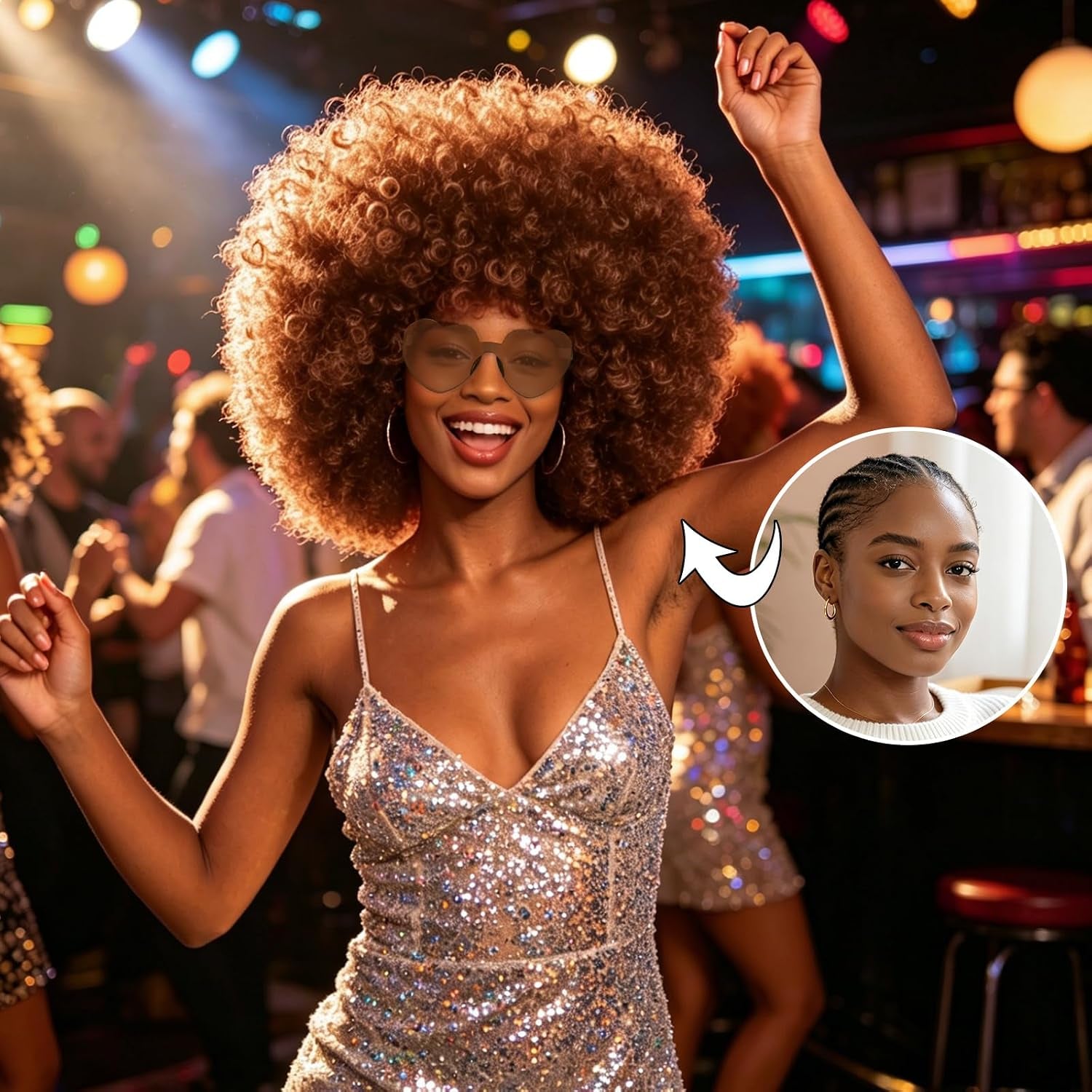 Brown Curly Afro Wig Heart Sunglasses for Women Men, Large Fluffy Funny Disco Afro Wigs Short Party Synthetic Hair with Bangs Hair Net 70S Outfits for Women Bachelorette Party Night Club