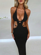 Women Sexy Crochet Maxi Dress Cut Out Halter V Neck Backless Knit Bodycon Long Dress Summer Beach Evening Party Dresses