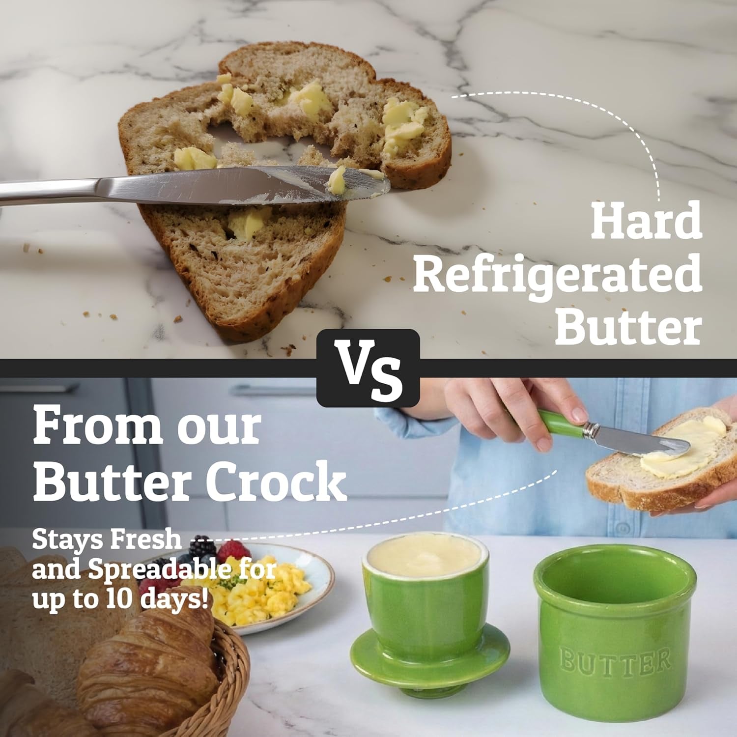 Butter Crock with Lid for Countertop with Spreader Knife and Water Line, Soft Spreadable Butter, Ceramic French Butter Dish with Lid, Green