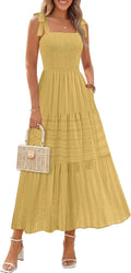 Womens Summer Boho Sleeveless Beach Vacation Maxi Sundress | Square Neck, Casual Cotton Long Tie Dresses, Spaghetti Strap, Smocked, a Line, Tiered Flowy Dress, High Waist, Side Pockets