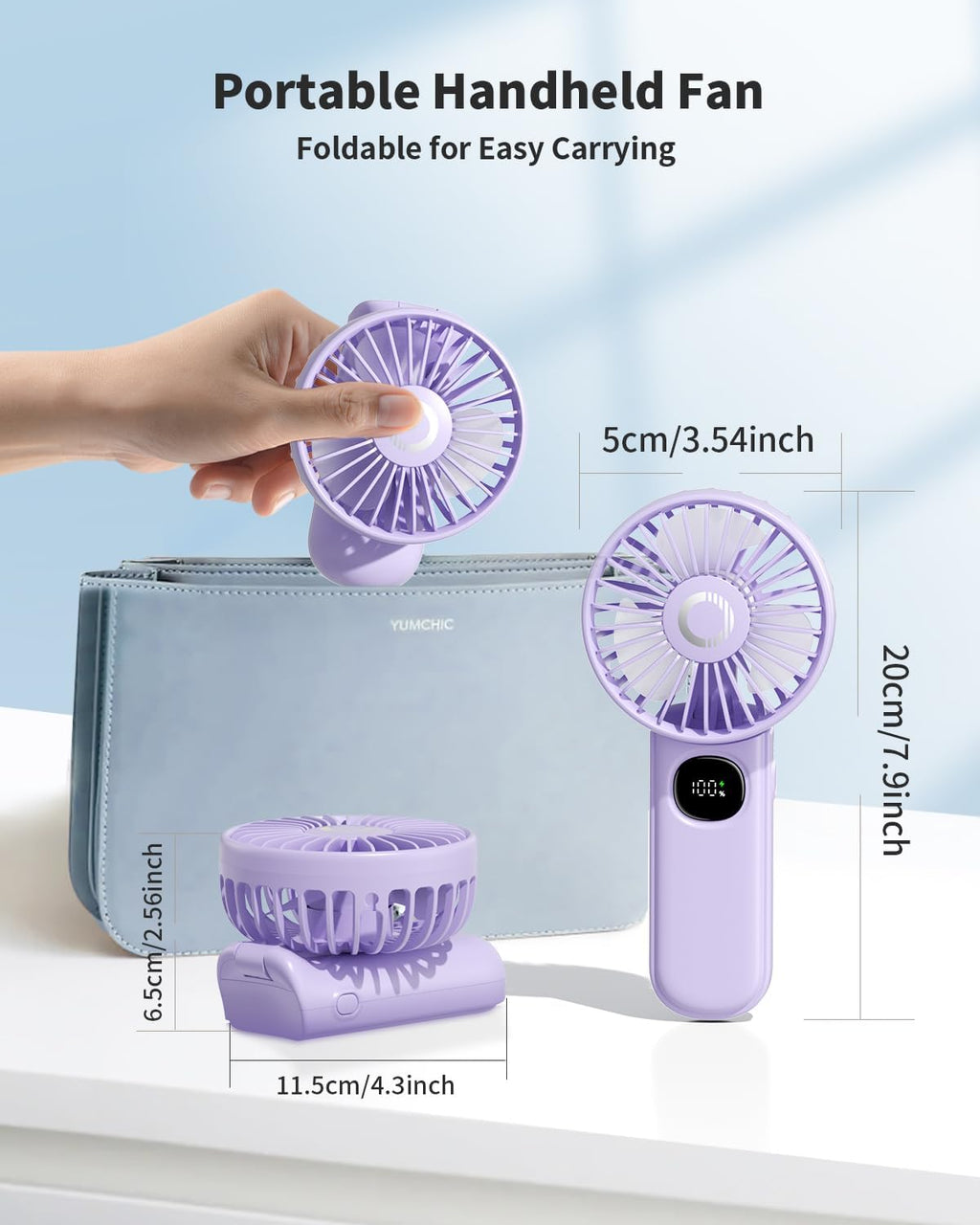 Handheld Fan, Foldable Portable Fan with LED Display, 3000Mah Battery Operated Mini Hand Held Fan, Handheld/Neck/Desk 3 in 1 Personal Small Fan for Eyelash Makeup Travel Beach Outdoor Purple