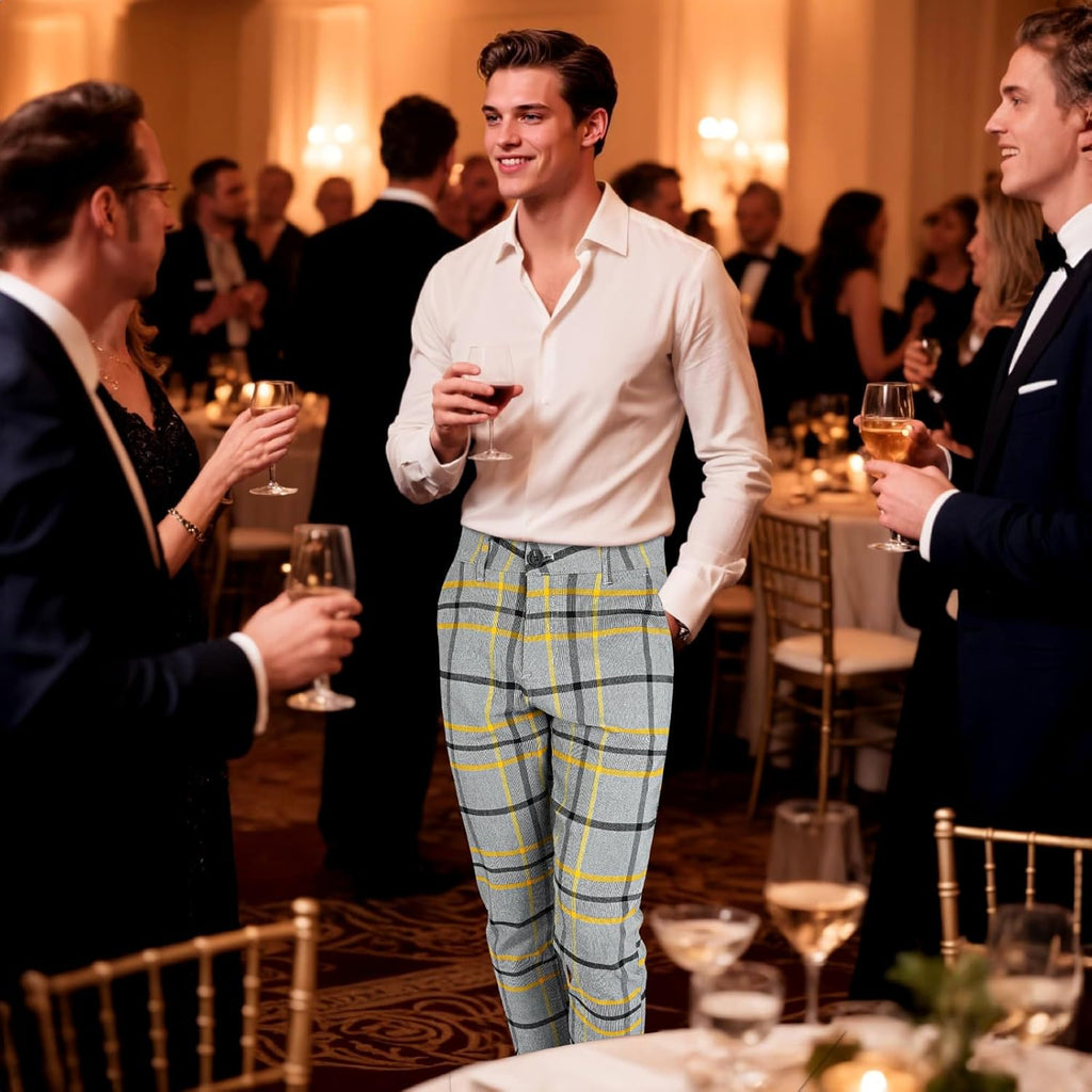 Mens Chinos Pants Slim Fit Stretch Plaid Dress