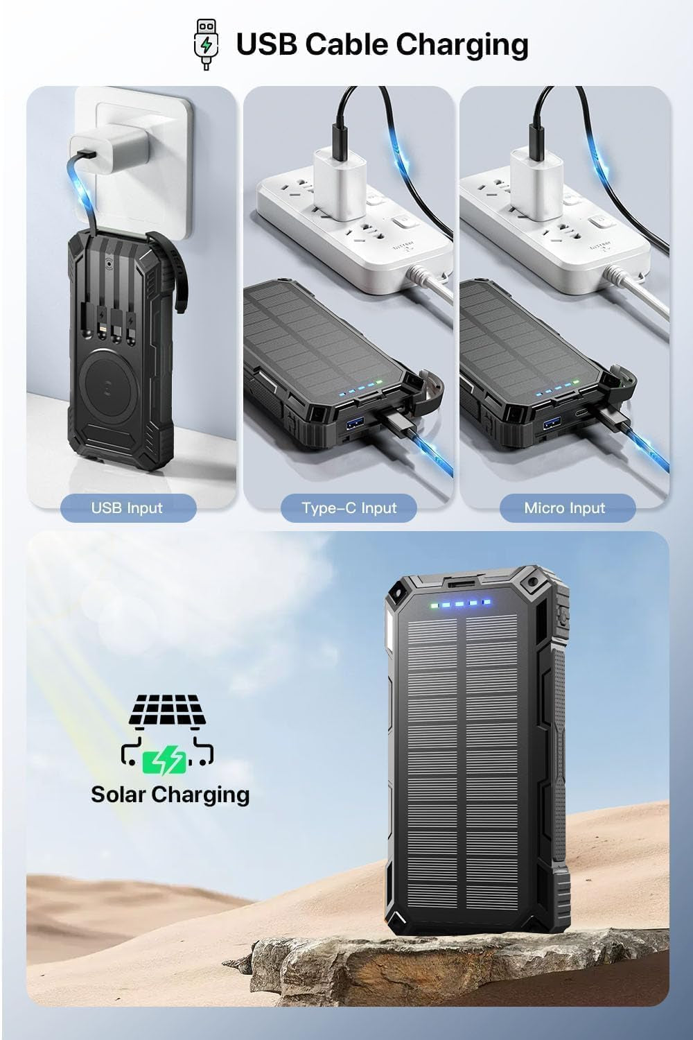 Solar Power Bank,49800Mah Portable Charger Wireless Charging USB-C 15W Fast Charging with 4 Built-In Cables LED Flashlight Battery Pack Compatible with Iphone, Ipad, Galaxy, Perfect for Camping/Hiking