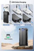 Solar Power Bank,49800Mah Portable Charger Wireless Charging USB-C 15W Fast Charging with 4 Built-In Cables LED Flashlight Battery Pack Compatible with Iphone, Ipad, Galaxy, Perfect for Camping/Hiking