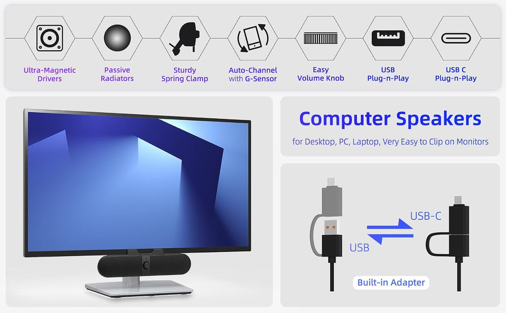 Computer Speakers for Desktop PC, Monitor Speakers with Easy Volume Knob, Sturdy Clamp, Clear Sound, Decent Bass, USB Plug in External Speakers for Laptop, Small PC Soundbar, USB-C Adapter, 5Ft Cable