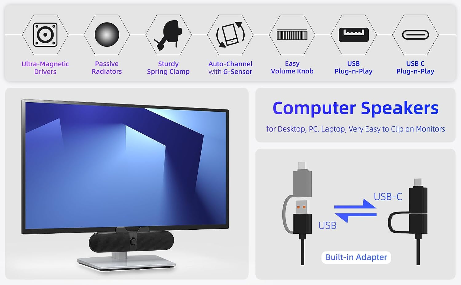 Computer Speakers for Desktop PC, Monitor Speakers with Easy Volume Knob, Sturdy Clamp, Clear Sound, Decent Bass, USB Plug in External Speakers for Laptop, Small PC Soundbar, USB-C Adapter, 5Ft Cable