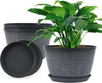 10 Inch Flower Pots Planters for Outdoor Indoor, 3 Pack Plastic Plant Pots with Drainage Hole & Tray, Modern Decorative Garden Pot with Saucer, Planters for House (Gray)