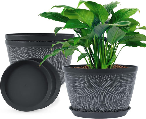 10 Inch Flower Pots Planters for Outdoor Indoor, 3 Pack Plastic Plant Pots with Drainage Hole & Tray, Modern Decorative Garden Pot with Saucer, Planters for House (Gray)