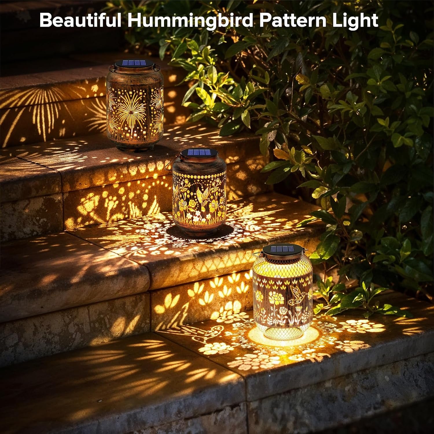 Solar Lanterns Outdoor Waterproof - Hummingbird Solar Lights for Garden, Hanging Metal Lantern Decor for Patio, Yard - Christmas Mothers Day Gifts for Women, Mom, Grandma (Fireworks, 1)