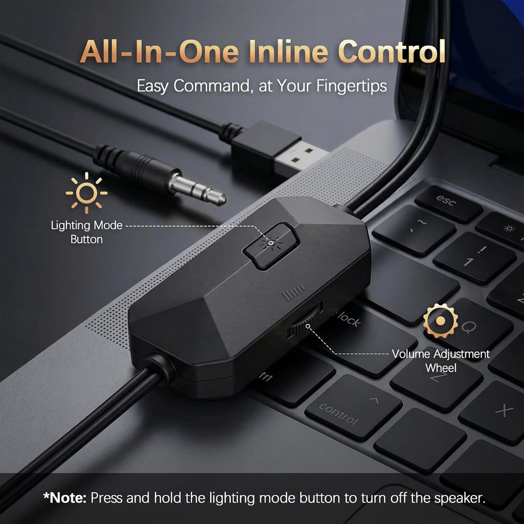Computer Speakers for Desktop PC, AUX Wired Computer Sound Bar | USB Powered, Plug & Play, PC Speakers for Desktop & Laptop, RGB Lights, Inline-Controlled, Compact Design, Gaming Speakers