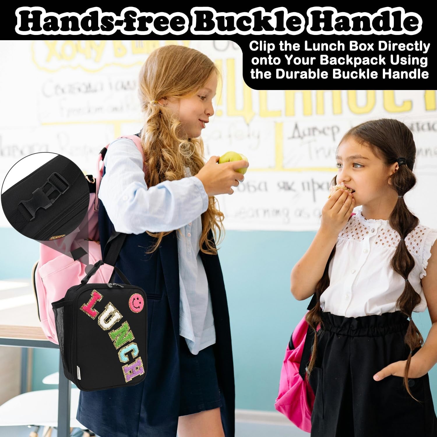 Lunch Box Insulated Soft Bag Mini Cooler Back to School Thermal Meal Tote Kit with Buckle and Mesh Side Pocket for Girls, Boys, Blackwithletter