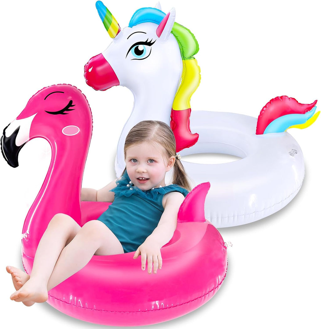 2 Pack Inflatable Flamingo Unicorn Pool Floats for Kids 3-8 Years | Pool Party Decorations/Beach/Summer, Durable PVC, Boys/Girls/Toddlers, Lounger/Raft, Vacation Floaties, Quick Inflate