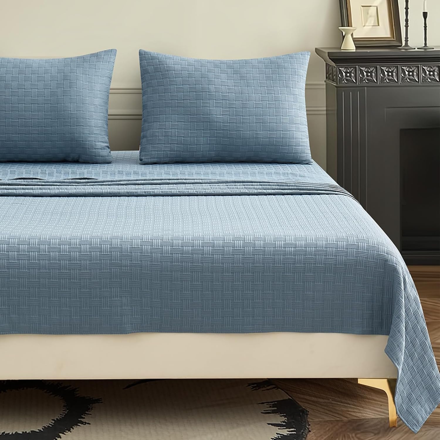 Woven Grid Soft Bed Sheets 4 Piece Set - Luxury Breathable Queen Size Cooling Sheets with 1Fitted Sheet, 1Flat Sheet & 2 Pillowcases- Deep Pocket Fitted Sheet up to 18 Inches (Blue Grey)