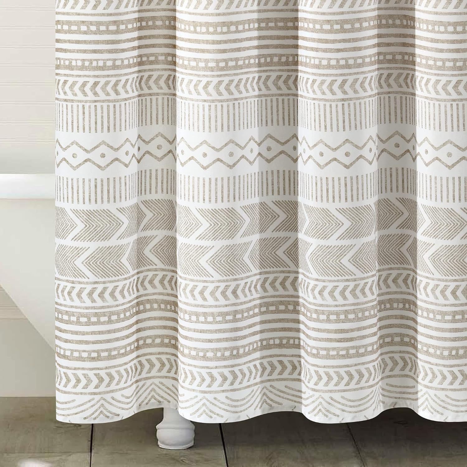 Hygge Geo Shower Curtain, 72" W X 72" L, Taupe/White - Curtain for Bathroom - Striped Bathroom Decor - Netural Color Home Accessories - White Home Accessories - Geometric Scandinavian Print