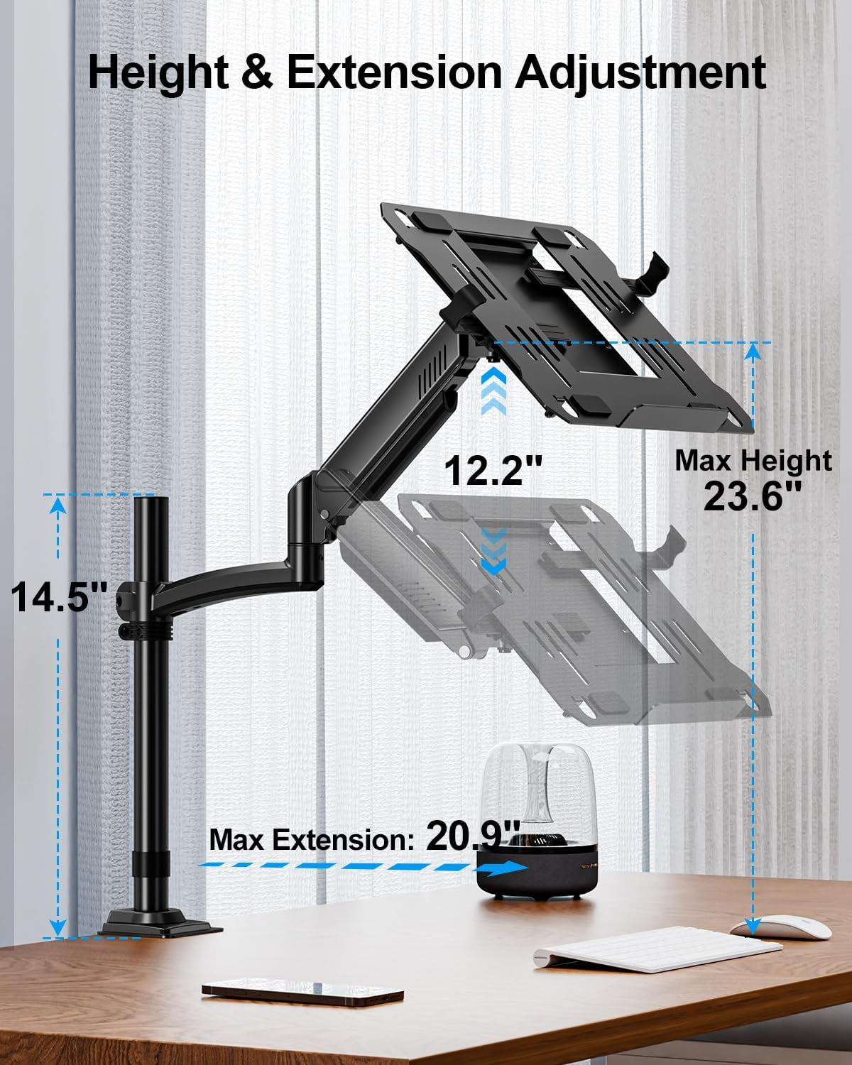 Laptop Desk Mount, Adjustable Laptop Stand for Max 17" Notebook or 32" Monitor, Laptops Arm Mount for Desk Holds 4.4-22Lbs, Tall Laptops Stand with Clamp/Grommet