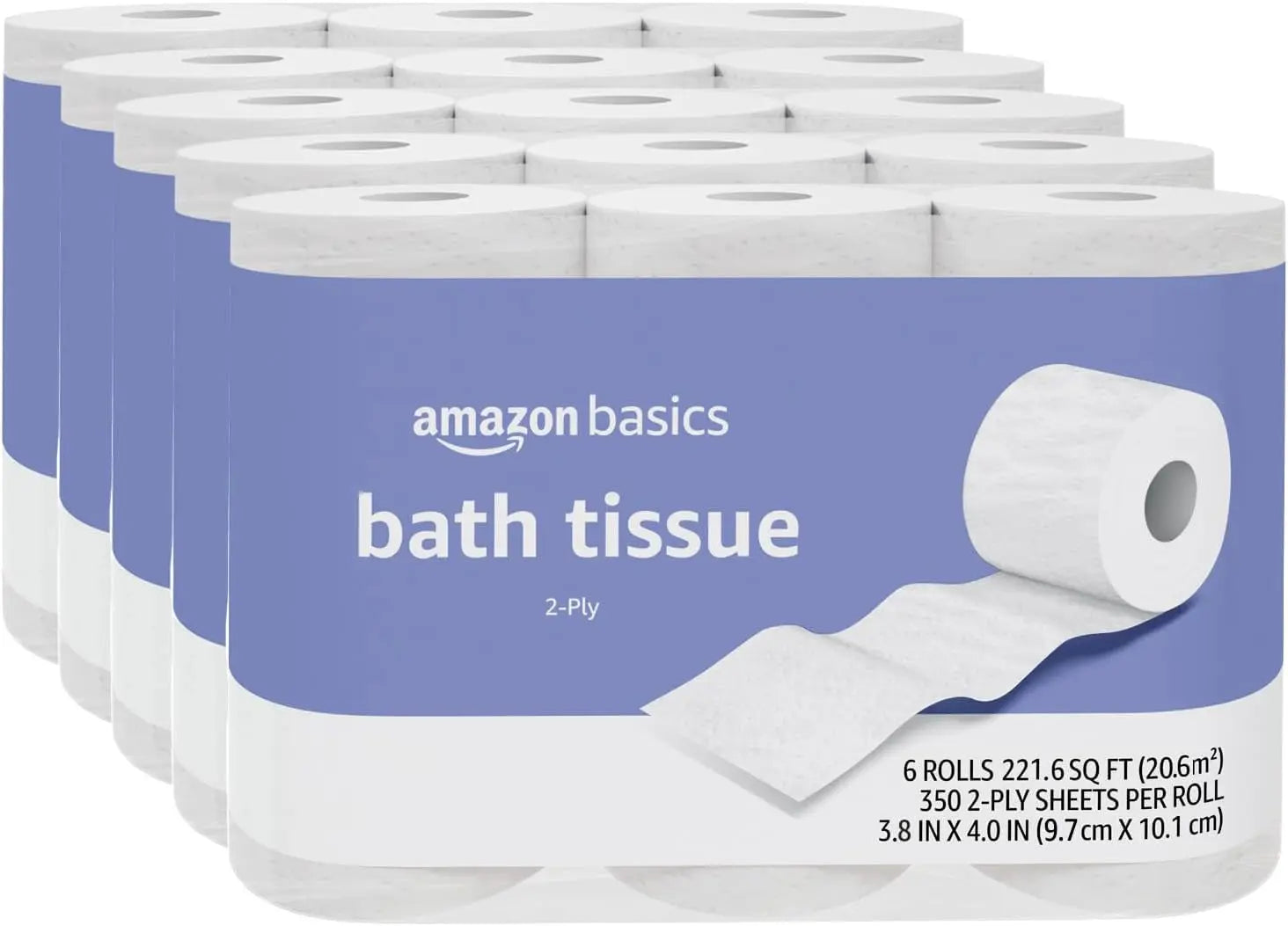 2-Ply Toilet Paper, 30 Rolls (5 Packs of 6), Equivalent to 129 Regular Rolls