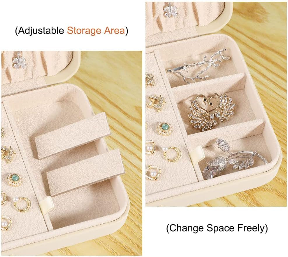 Small Jewelry Box for Women Girls, PU Leather Travel Jewelry Case, Portable Jewelry Organizer Storage Holder Display for Ring Earrings Necklace Bracelet Brooch Men Kids Gift, Apricot