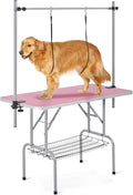 Yaheetech 46'' Pet Grooming Table for Large Dogs Adjustable Height - Portable Trimming Table Drying Table W/Arm/Noose/Mesh Tray Maximum Capacity up to 265Lb -Pink