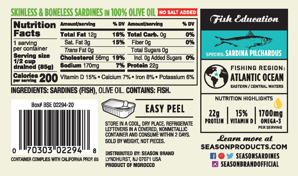 Sardines in Olive Oil Skinless & Boneless, 4.37 Oz Tins, 6-Pack | No Salt Added, Wild Caught, 22G of Protein, Keto Snacks, More Omega 3'S than Tuna, Kosher, High in Calcium, Canned Sardines