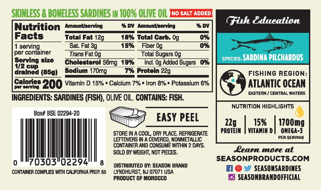 Sardines in Olive Oil Skinless & Boneless, 4.37 Oz Tins, 6-Pack | No Salt Added, Wild Caught, 22G of Protein, Keto Snacks, More Omega 3'S than Tuna, Kosher, High in Calcium, Canned Sardines