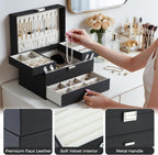 Jewelry Organizer Box, Large Jewelry Boxes for Women Girls, Space-Saving 3 Layers Jewelry Storage Case with Drawer, Movable Metal Stand, Modern, Gift Idea (Black)