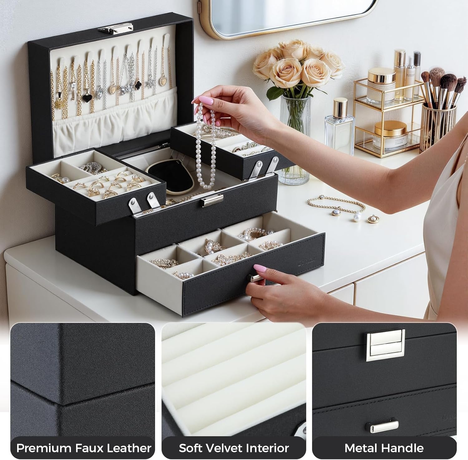 Jewelry Organizer Box, Large Jewelry Boxes for Women Girls, Space-Saving 3 Layers Jewelry Storage Case with Drawer, Movable Metal Stand, Modern, Gift Idea (Black)