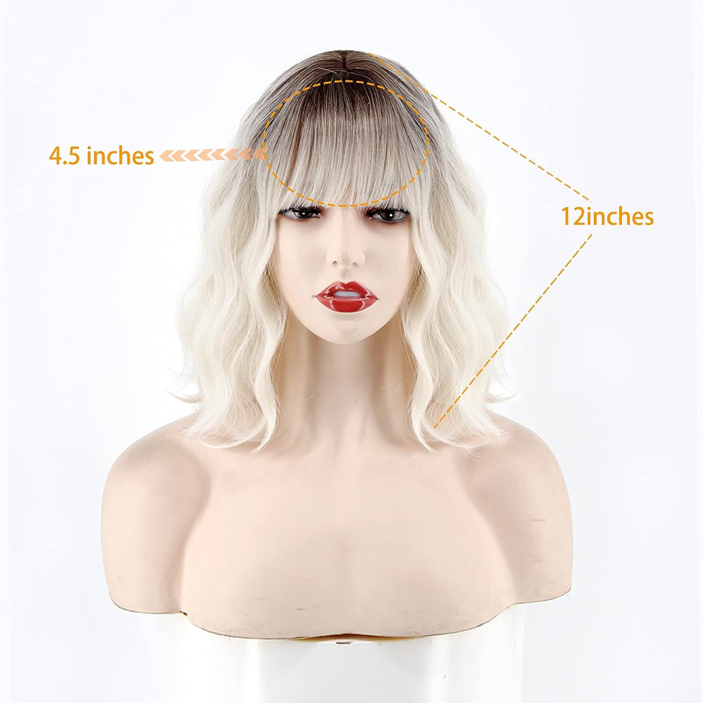 Short Platinum Blonde Wavy Wig with Bangs,Dark Roots Short White Blonde Wig for Women,Middle Part Cosplay Blonde Wigs Natural Looking for Daily Use