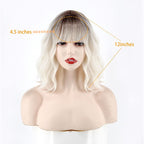 Short Platinum Blonde Wavy Wig with Bangs,Dark Roots Short White Blonde Wig for Women,Middle Part Cosplay Blonde Wigs Natural Looking for Daily Use
