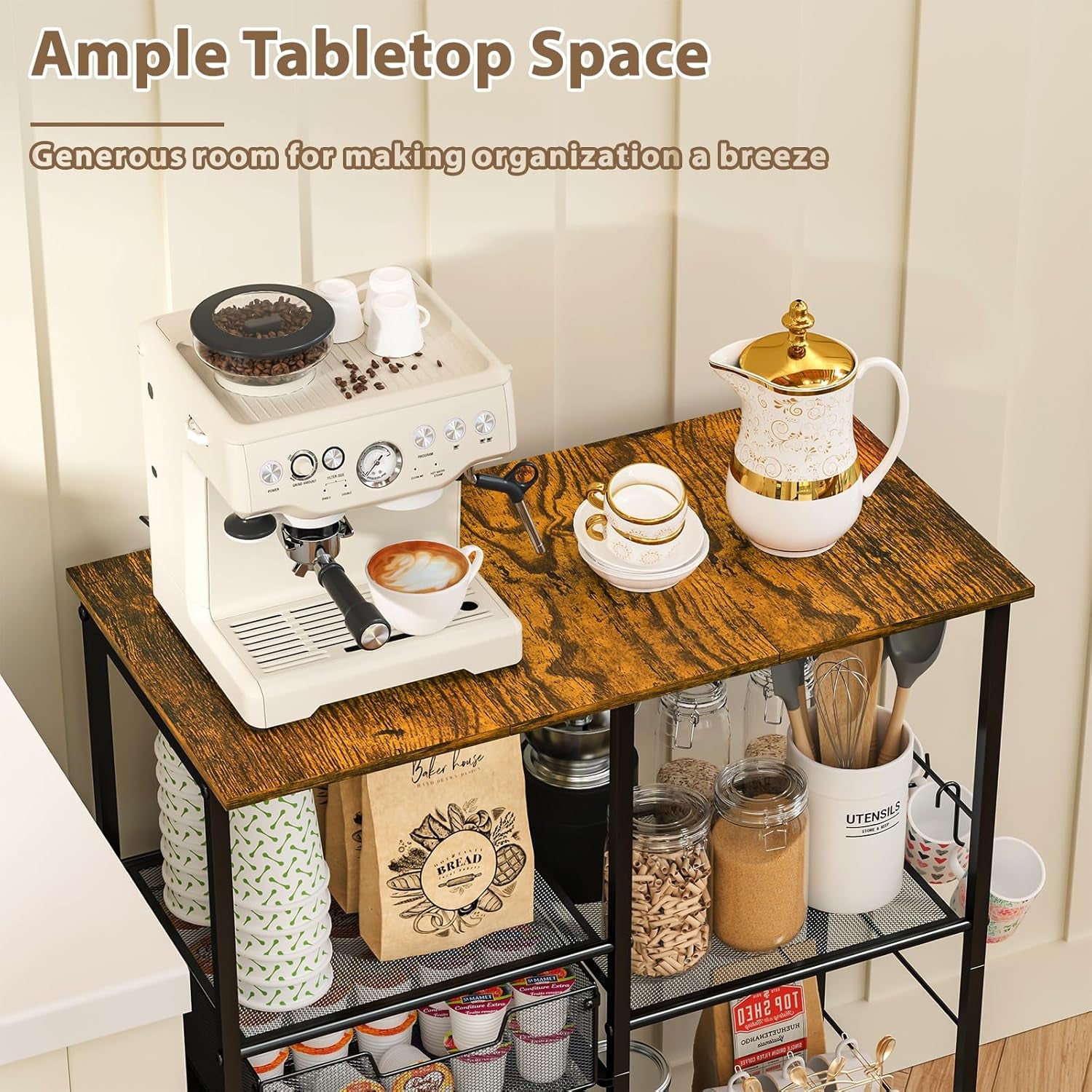 Rolling Microwave Cart with Storage, Microwave Stand with Drawers, Kitchen Storage Rack on Wheels, Kitchen Storage Cart Shelves Organizer Used as Bakers Rack Coffee Bar Station Kitchen Island Cart