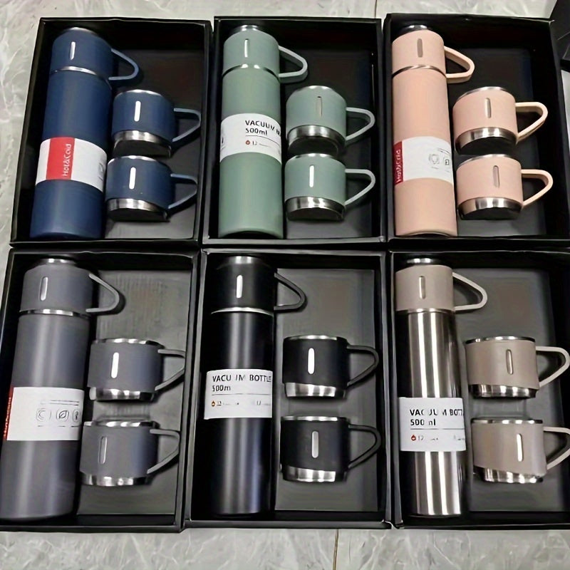 Vacuum Flask Set 3 Cup Lids Stainless Steel Insulated Bottles