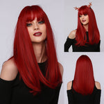 Red Brown Black Multicolor Qi Bangs Medium Length Straight Hair