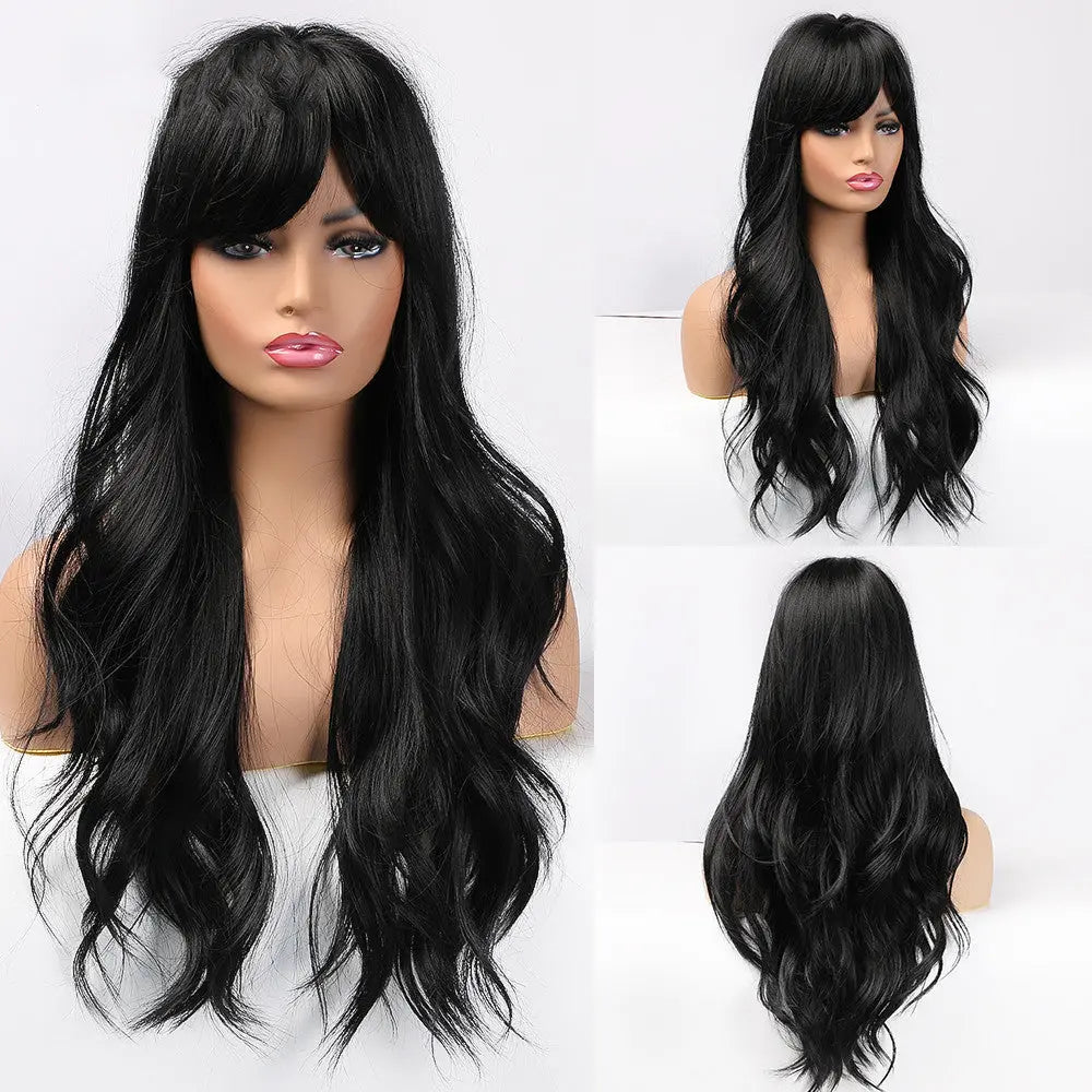 Ladies Wig Brown Black Long Curly Bangs