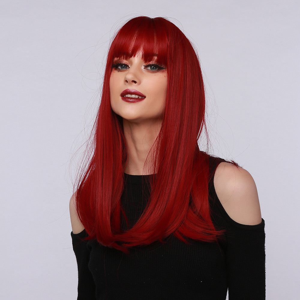 Red Brown Black Multicolor Qi Bangs Medium Length Straight Hair