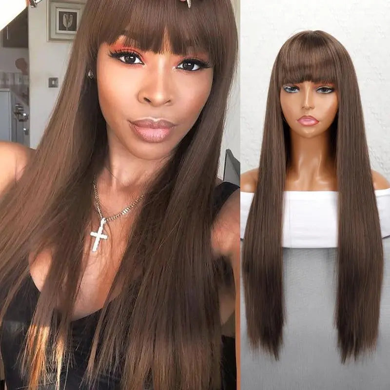 Net Celebrity Female Long Hair Air Bangs Black Long Straight Natural European and American Medium Long Hair Wig Head