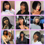 Short Black Human Hair Bob Wigs with Bangs Straight Realistic Scalp Glueless Non Lace Front Wig for Women Wear and Go Blunt Cut Bob Wigs 180% Density (8 Inch,)