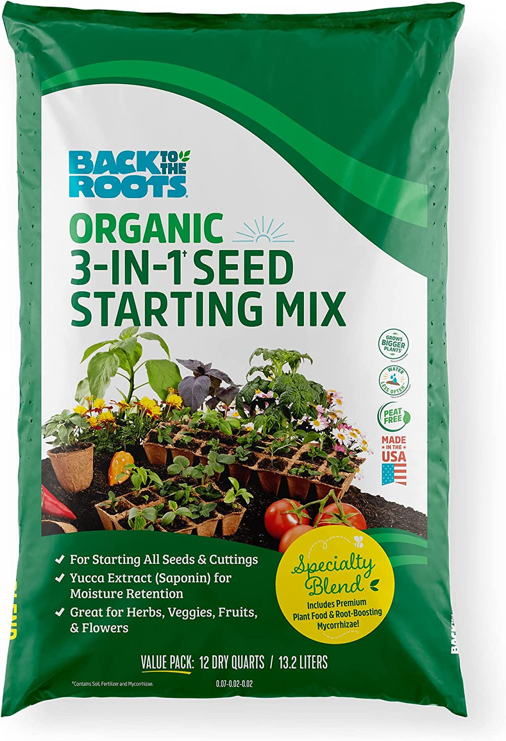 3-In-1 Seed Starting Mix 12 Quarts, 100% Organic & USA Made for Herbs, Veggies, Flowers, W/ Nutrient Rich Plant Food, Worm-Castings, & Moisture Controlling Yucca Brown