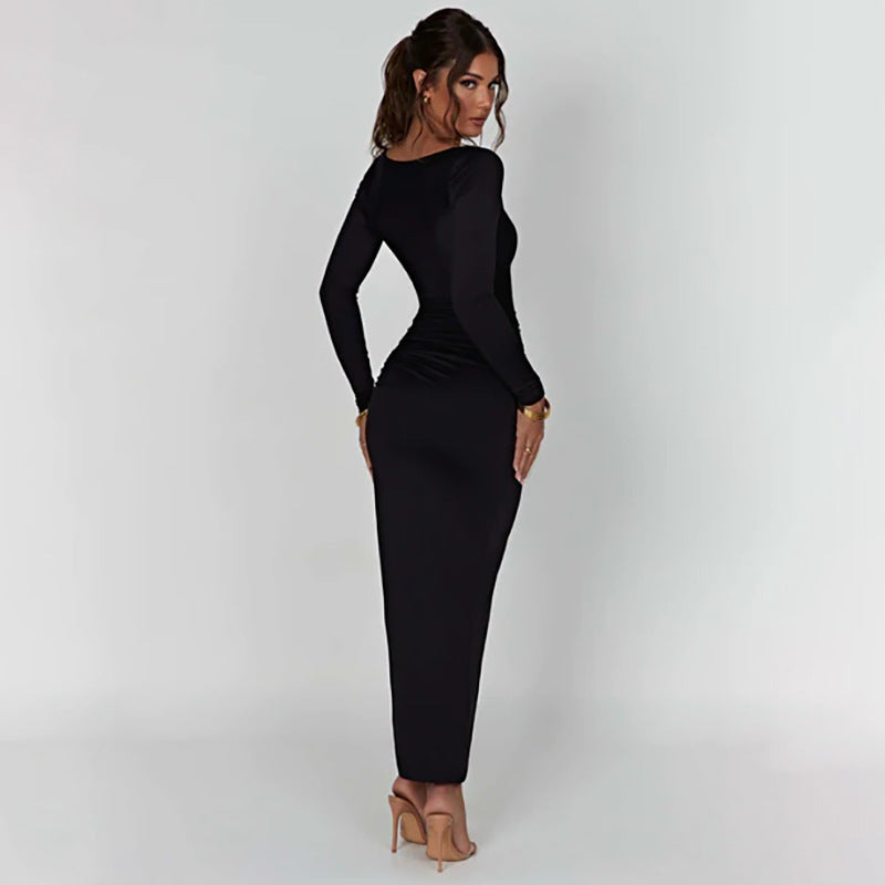 Woman Square-Neck Split Long Sleeve Stitching Drawstring Design Long Dress