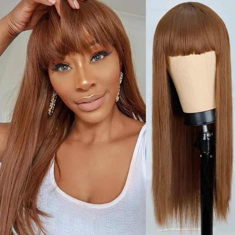 Net Celebrity Female Long Hair Air Bangs Black Long Straight Natural European and American Medium Long Hair Wig Head