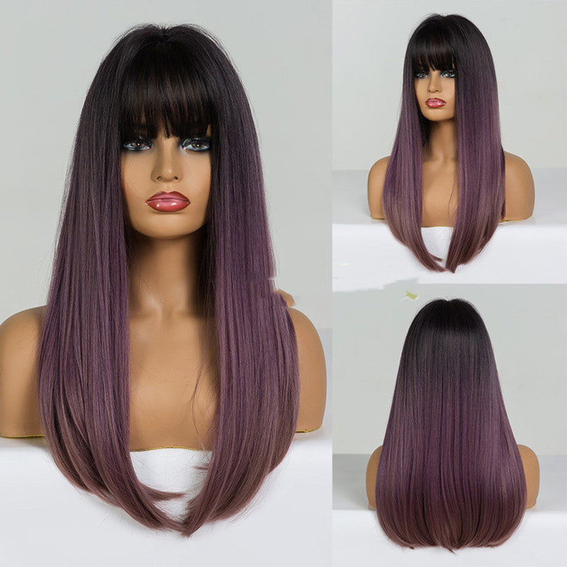 Fashion Brown Grey Long Straight Wig Female Hair