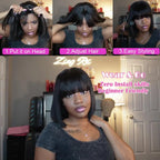 Short Black Human Hair Bob Wigs with Bangs Straight Realistic Scalp Glueless Non Lace Front Wig for Women Wear and Go Blunt Cut Bob Wigs 180% Density (8 Inch,)
