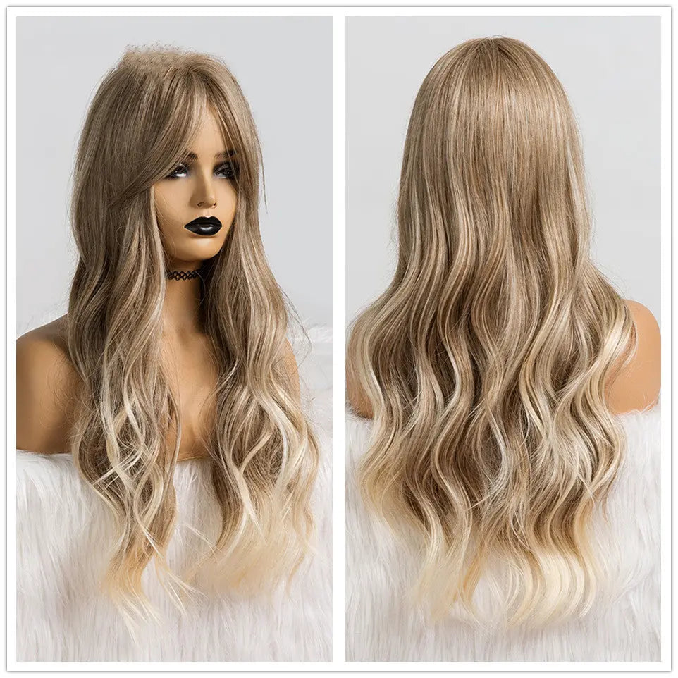 Ladies Wig Brown Black Long Curly Bangs