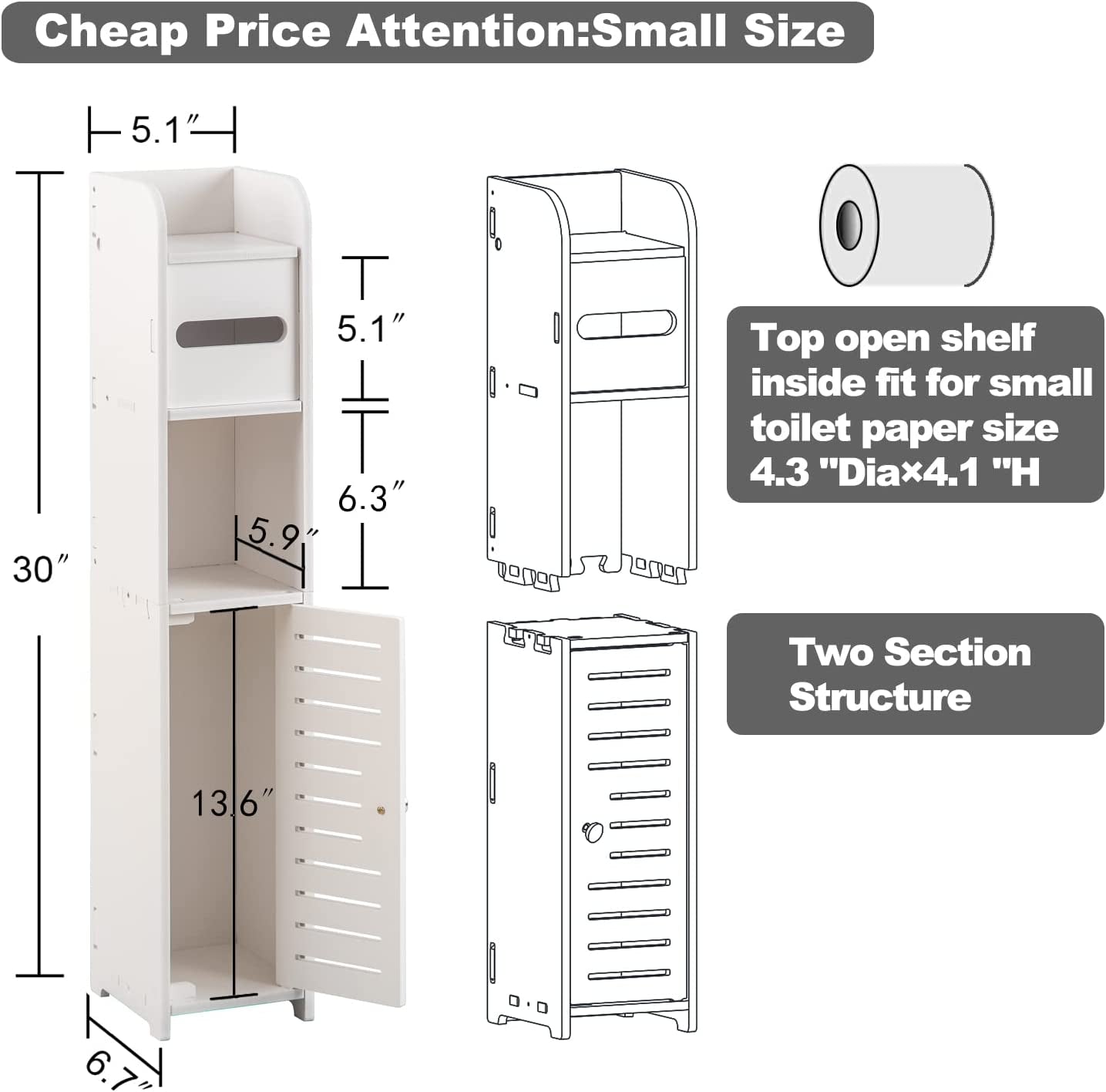 Toilet Paper Holder Stand, Small Bathroom Storage Cabint (30.5" H Small Size(Fit Small Roll), White)